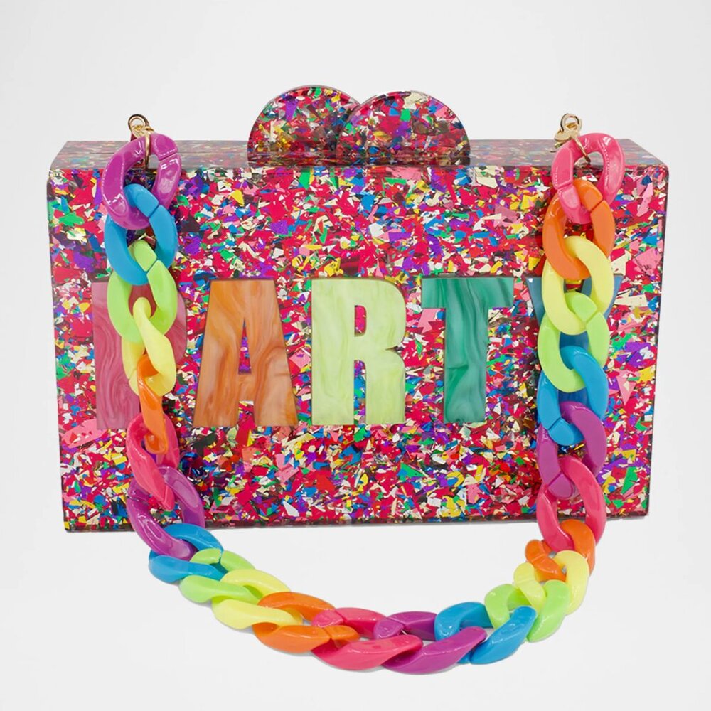 NEW NWT BARI LYNN PARTY ACRYLIC CLUTCH $90 RAINBOW CHAIN STRAP